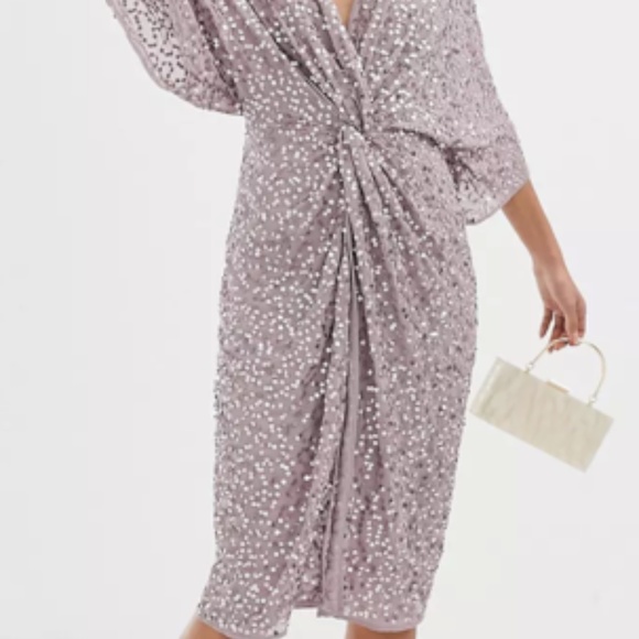 ASOS Design Kimono Plunge Embellished Midi Dress in Purple - Picture 6 of 8